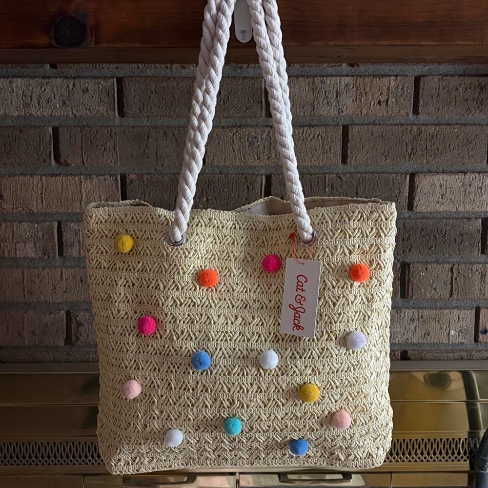 NWOT Cat & Jack Cream Woven Tote with Multicolor Pom Poms